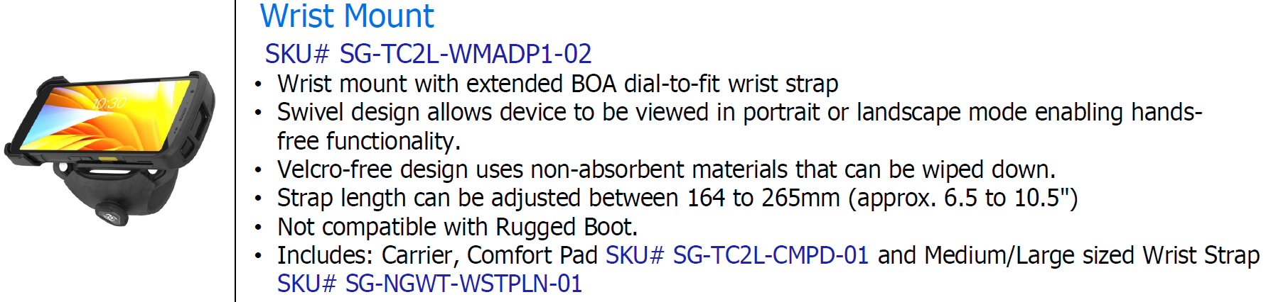 SG-TC2L-WMADP1-02 - Zebra TC22/TC27 BOA Rotatable Wrist Mount Adapter