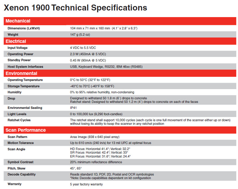 honeywell xenon 19000 scanner specifications